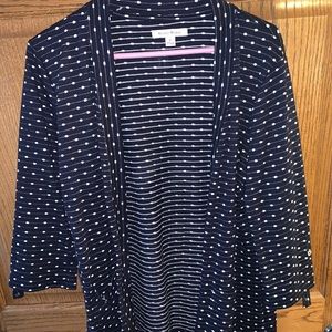 Flattering navy blue cardigan.